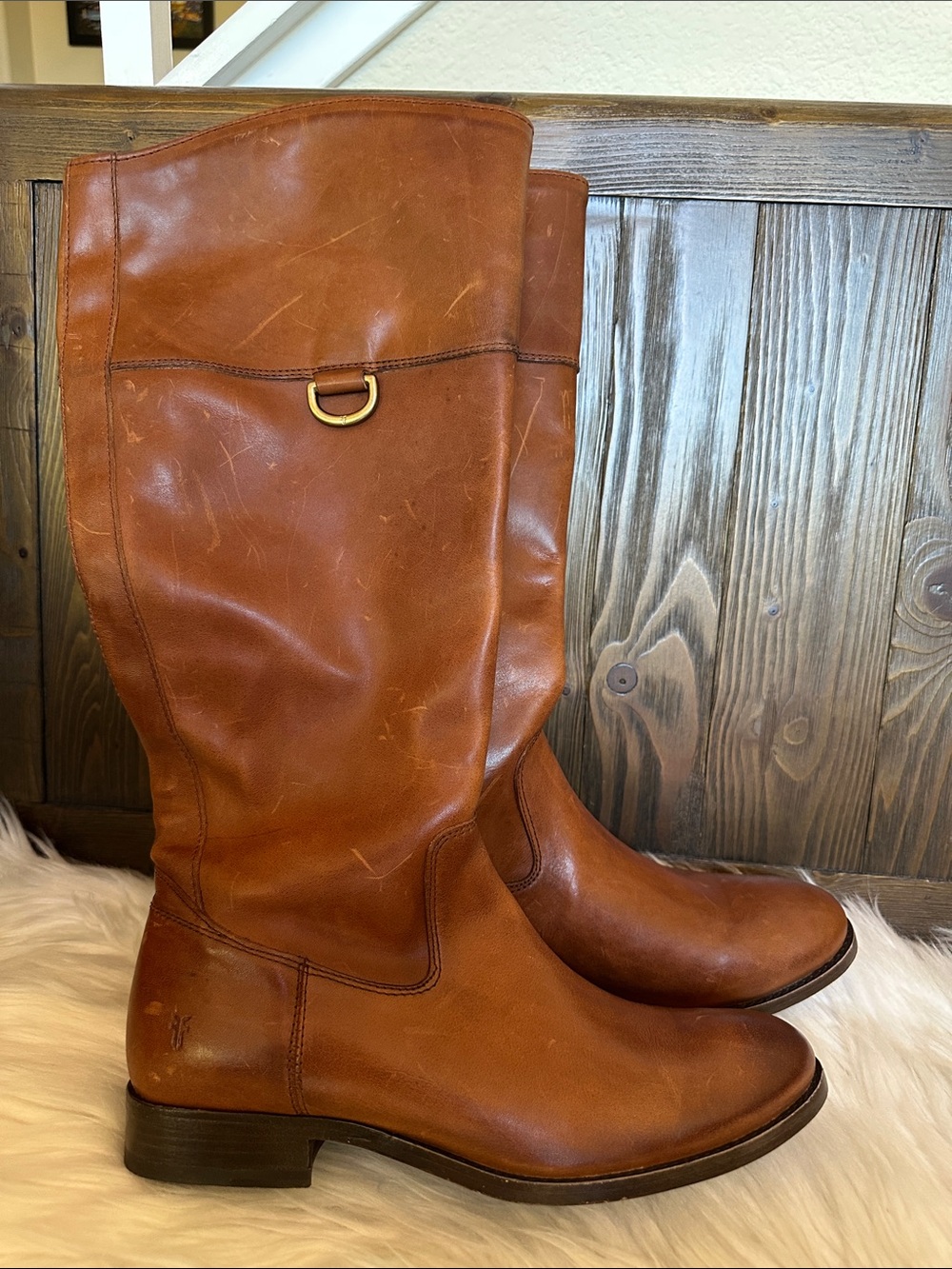 New Frye Tall Leather Riding Boots in Cognac Brown, fits size 9, label is 8 1/2